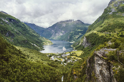 Scenic view of river amidst mountains against sky