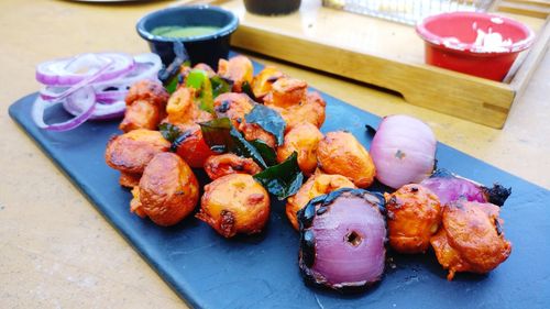 High angle view of food in plate on table