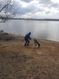 Dog standing on shore against sky