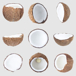 Close-up of breakfast on table against white background