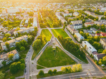 High angle view of road amidst buildings in city