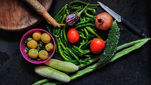 High angle view of fruits and vegetables in container