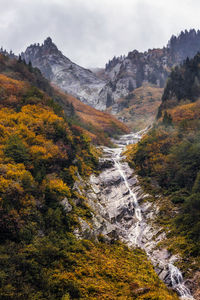 Scenic view of waterfall against sky during autumn