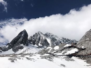 Scenic view of snow covered mountains against sky