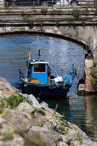 Boat moored on shore