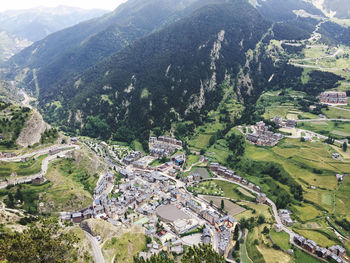 High angle view of townscape and mountains