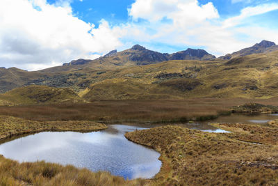 Scenic view of lake and mountains against sky