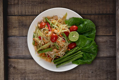 High angle view of salad in plate on table