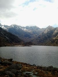 Scenic view of lake and mountains against sky