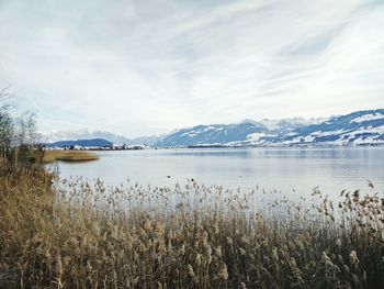 Scenic view of lake against cloudy sky