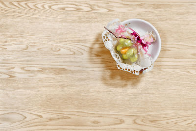 High angle view of food on wooden table