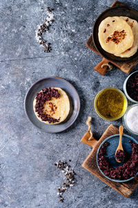 High angle view of breakfast on table