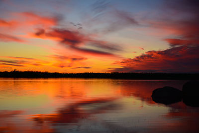 Scenic view of lake against orange sky