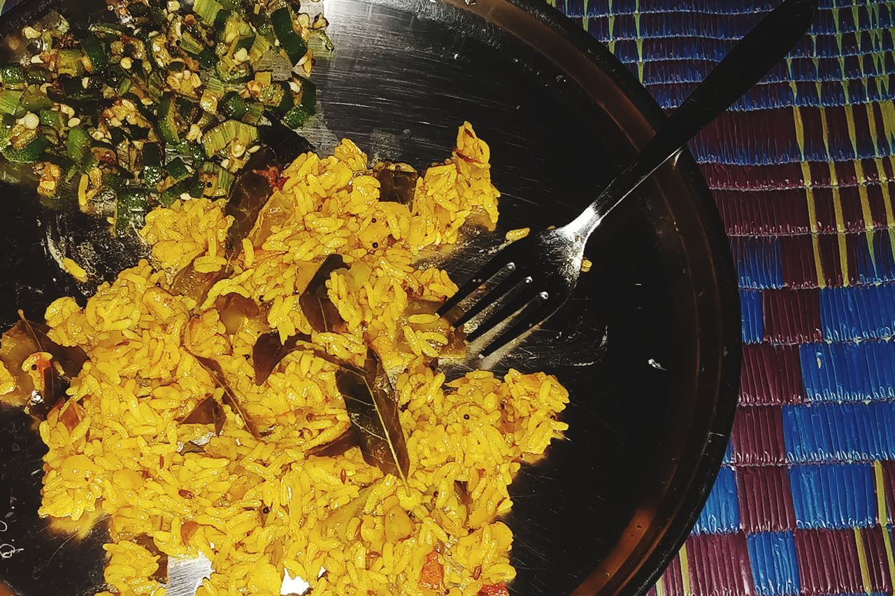 HIGH ANGLE VIEW OF YELLOW FOOD IN PLATE