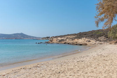 Scenic view of beach against clear blue sky