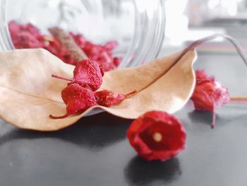 Close-up of strawberries in plate on table