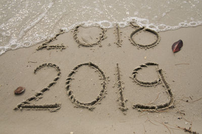 High angle view of text on sand at beach