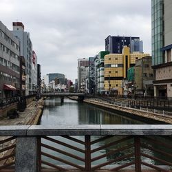 Bridge over canal amidst buildings in city against sky