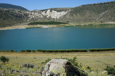 Scenic view of lake and mountains against sky