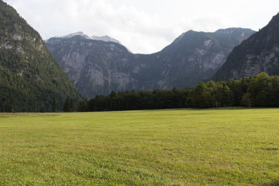 Scenic view of green landscape and mountains against sky