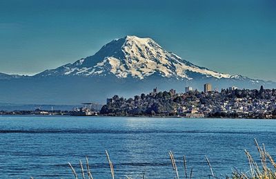 Scenic view of sea by snowcapped mountains against clear blue sky