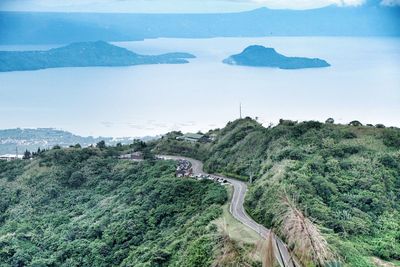 High angle view of road by mountains