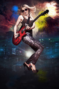 Digital composite image of woman playing guitar