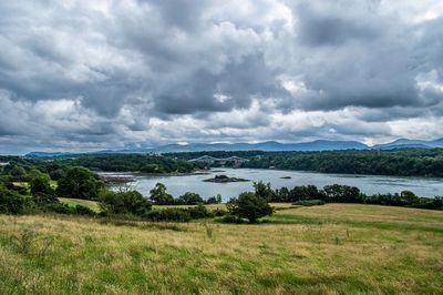 Scenic view of lake and grassy field against cloudy sky