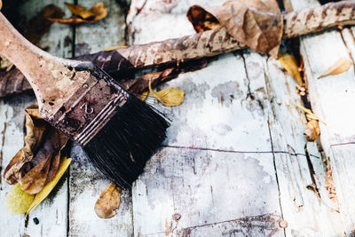 High angle view of old wooden log