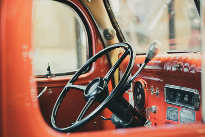 Close-up of steering wheel in vintage car