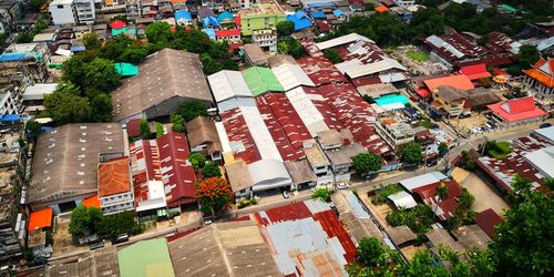 High angle view of buildings and street in city