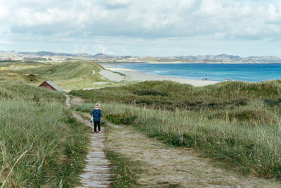 Rear view of man walking on beach against sky