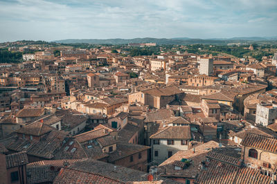 High angle shot of townscape against sky