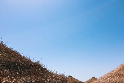 Low angle view of thatched roofs of pyramid shape against blue sky