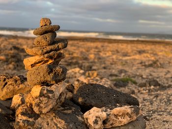 Close-up of stone stack on rock