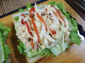 High angle view of meal served on table