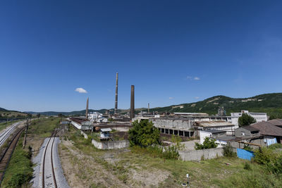 Panoramic view of factory against clear blue sky