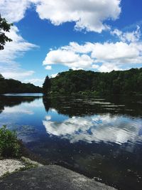 Scenic view of lake in forest against sky