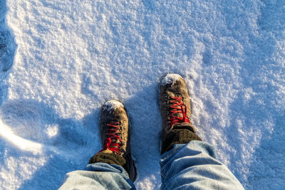 Low section of man standing on snow covered field