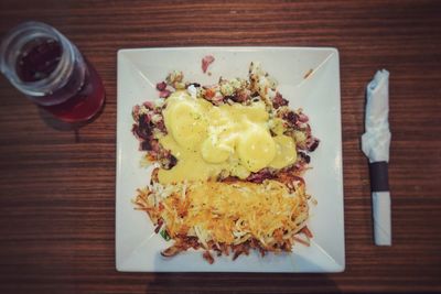 High angle view of breakfast on table