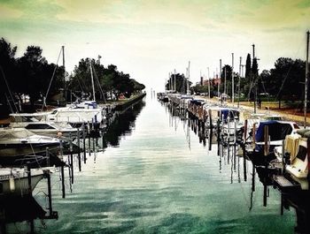 Boats moored at harbor