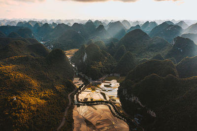 High angle view of mountain range against sky