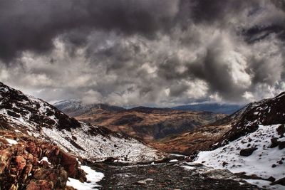 Scenic view of mountains against cloudy sky