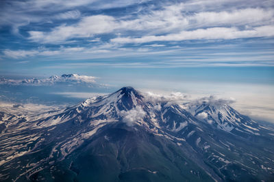 Aerial view of snowcapped mountains against sky