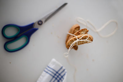 High angle view of paper on table