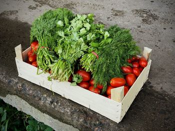 High angle view of vegetables in box