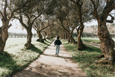 Rear view of people walking on field