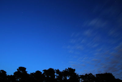 Low angle view of silhouette trees against clear blue sky