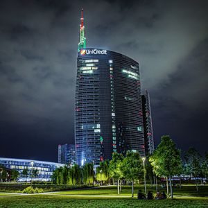 View of modern building against cloudy sky