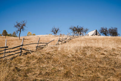 Fence on field against clear blue sky